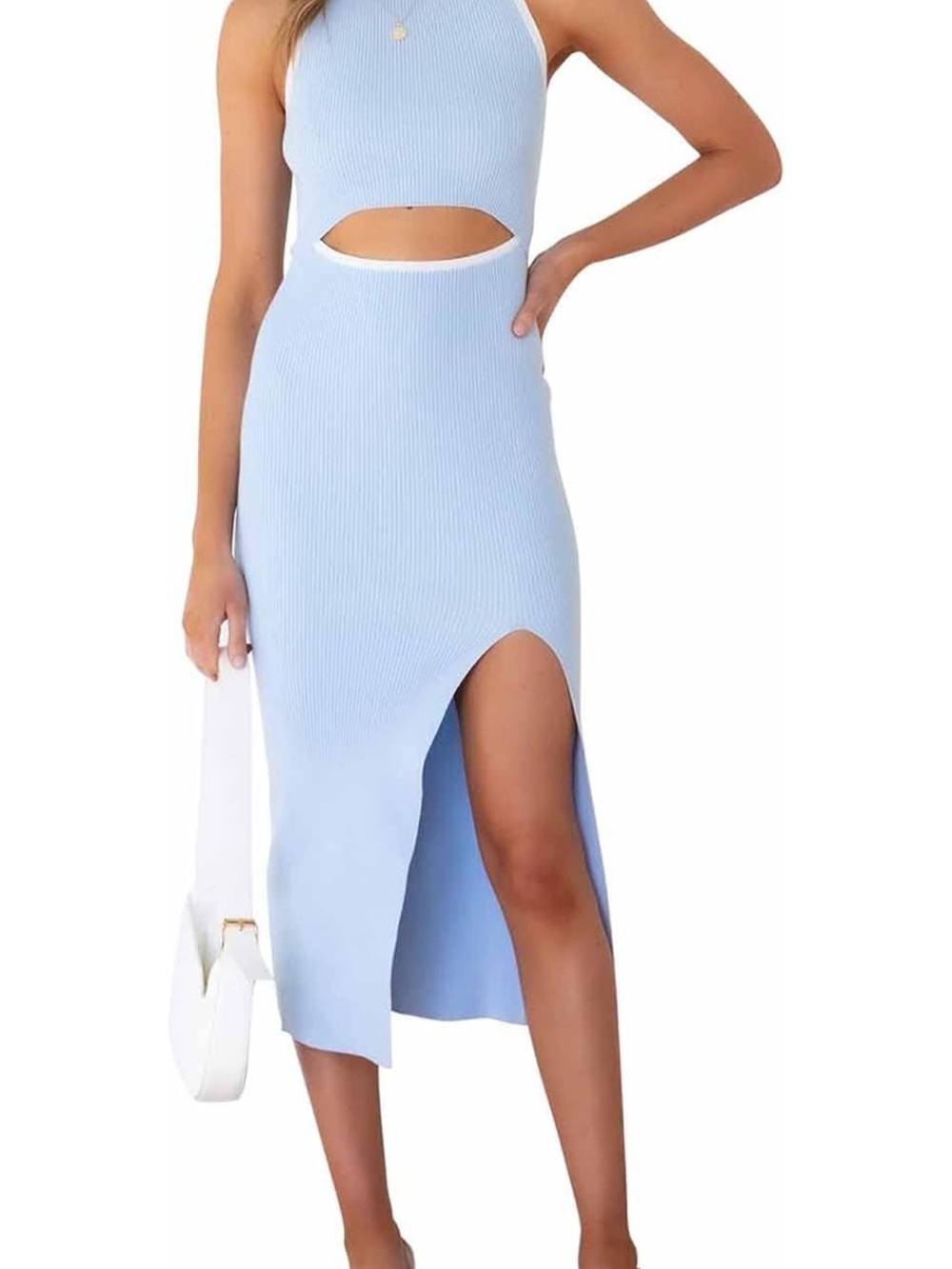 Light Blue Cutout Ribbed Midi Dress